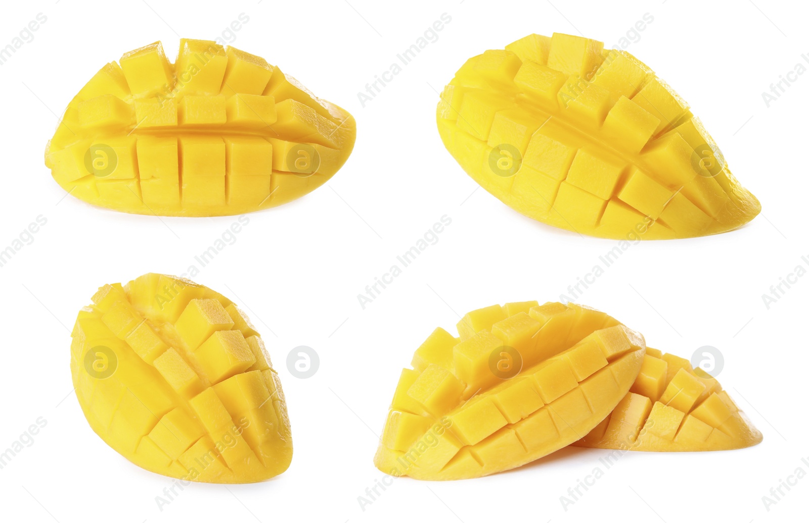 Image of Set of delicious mangoes on white background