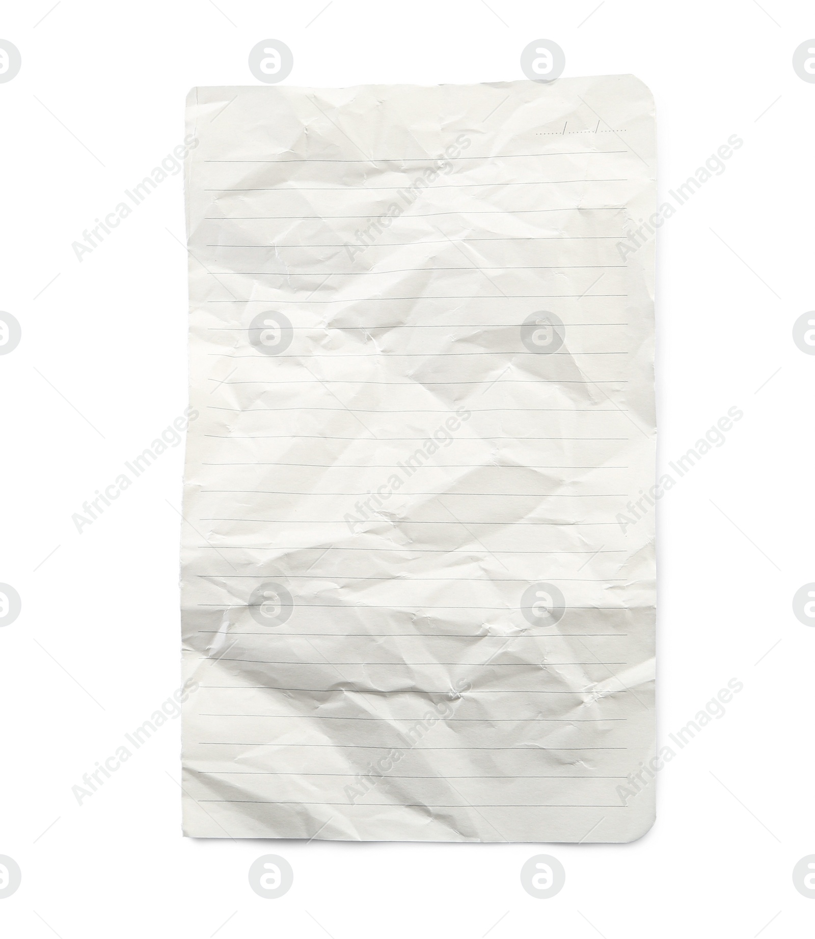 Photo of Crumpled lined notebook sheet isolated on white, top view