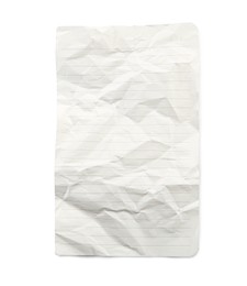 Photo of Crumpled lined notebook sheet isolated on white, top view