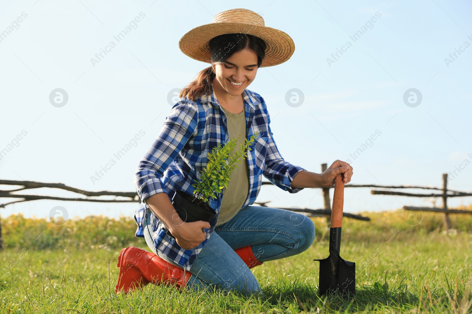 Photo of Young woman planting tree in countryside on sunny day