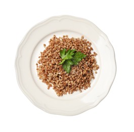 Plate with tasty buckwheat and fresh parsley isolated on white, top view