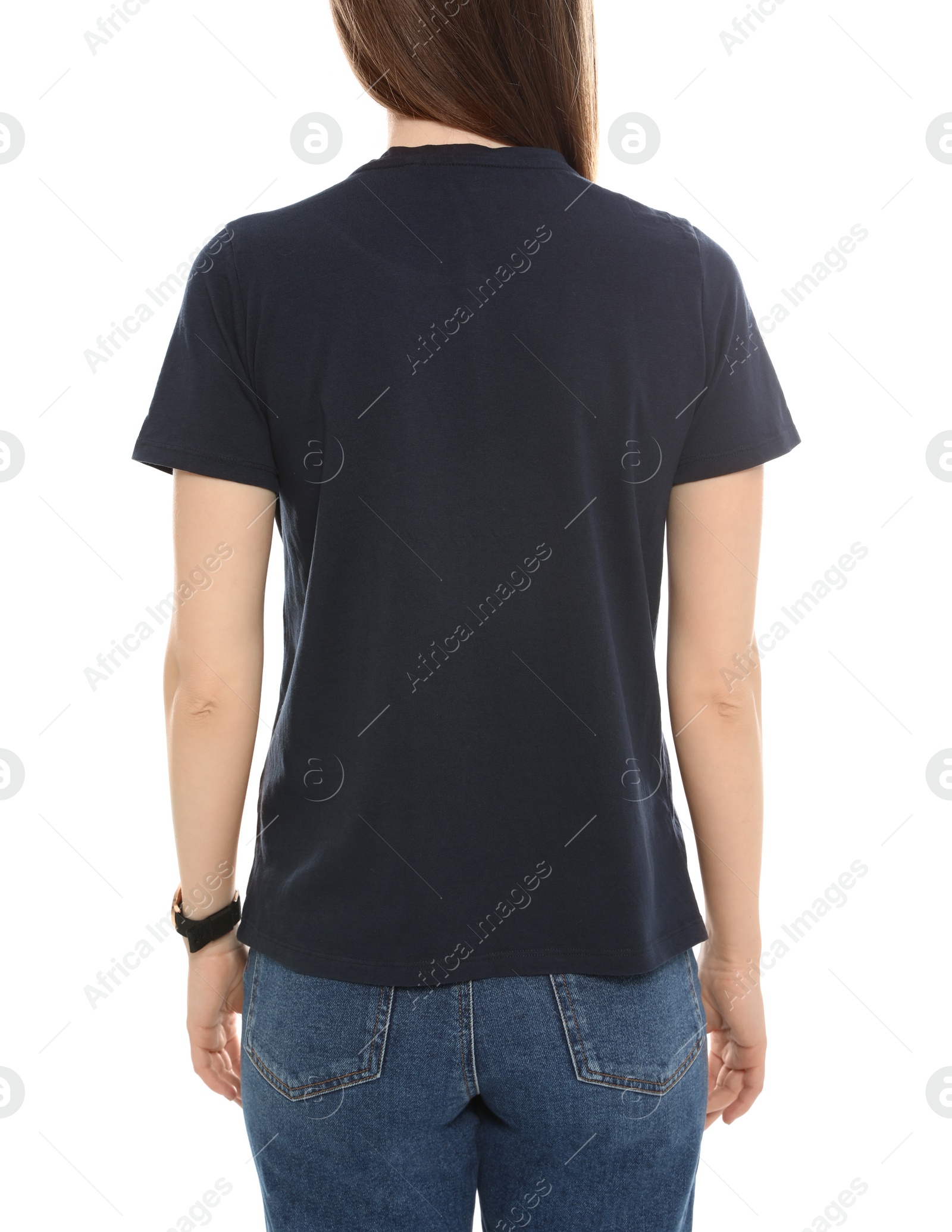 Photo of Young woman in t-shirt on white background, closeup. Mock up for design