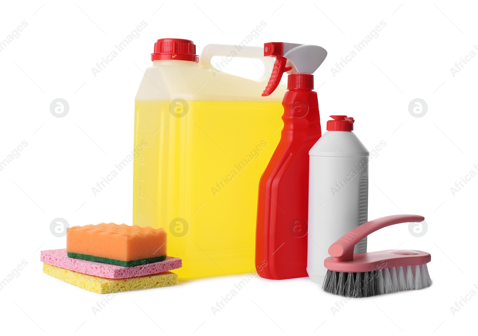 Photo of Set of different cleaning supplies on white background