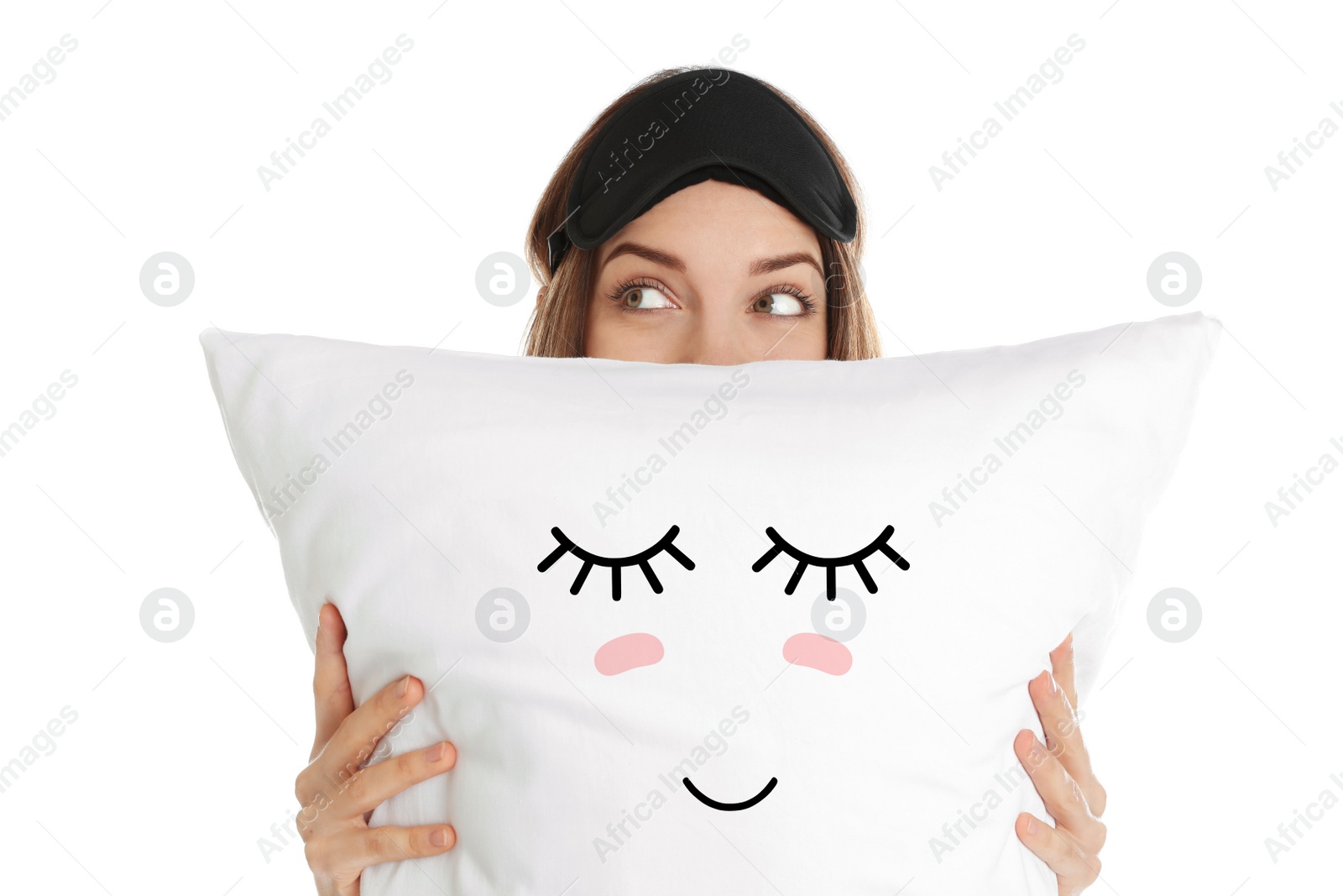 Image of Woman holding pillow with cute face on white background