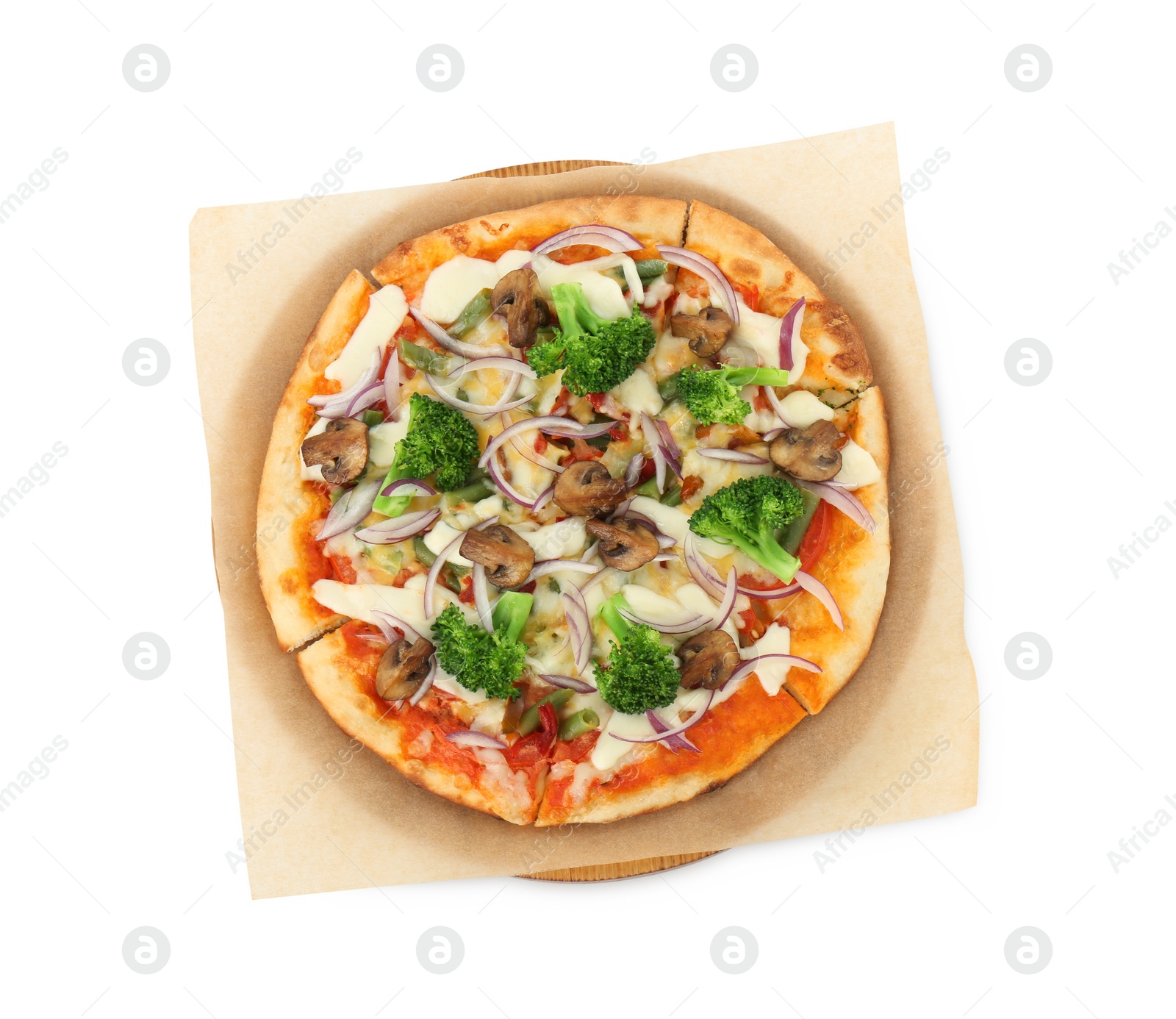 Photo of Delicious vegetarian pizza isolated on white, top view