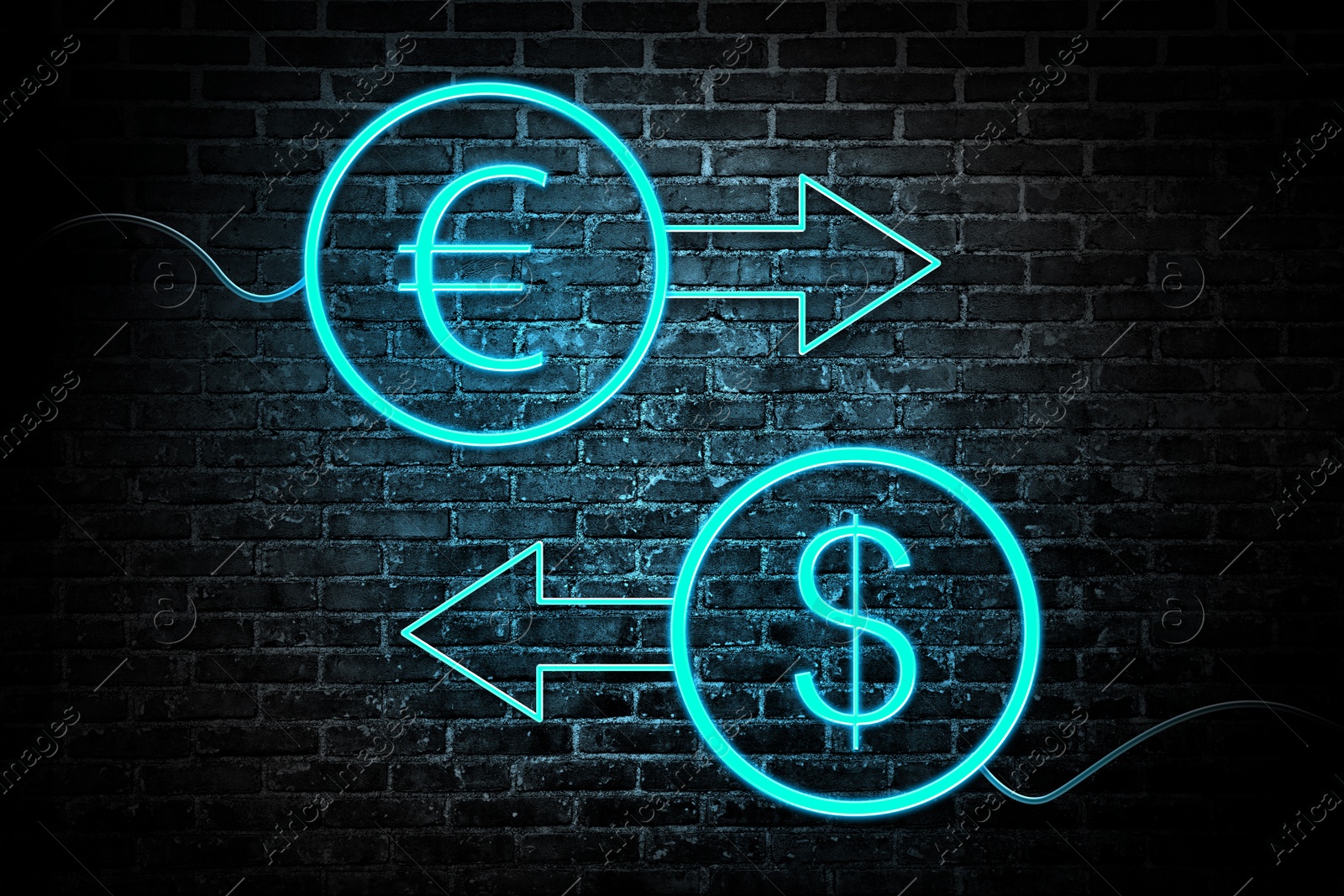 Image of Money exchange neon sign. Light blue arrows, euro and dollar symbols on brick wall