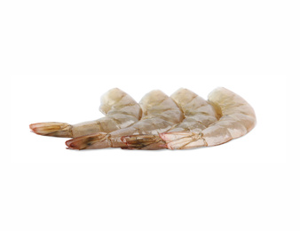Photo of Fresh raw shrimps isolated on white. Healthy seafood