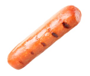 Tasty grilled sausage isolated on white. Ingredient for hot dog