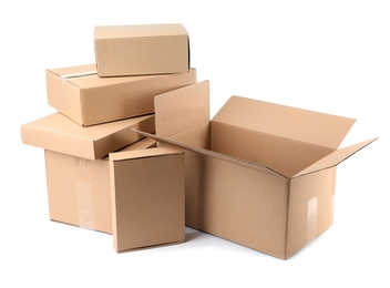 Pile of cardboard boxes on white background