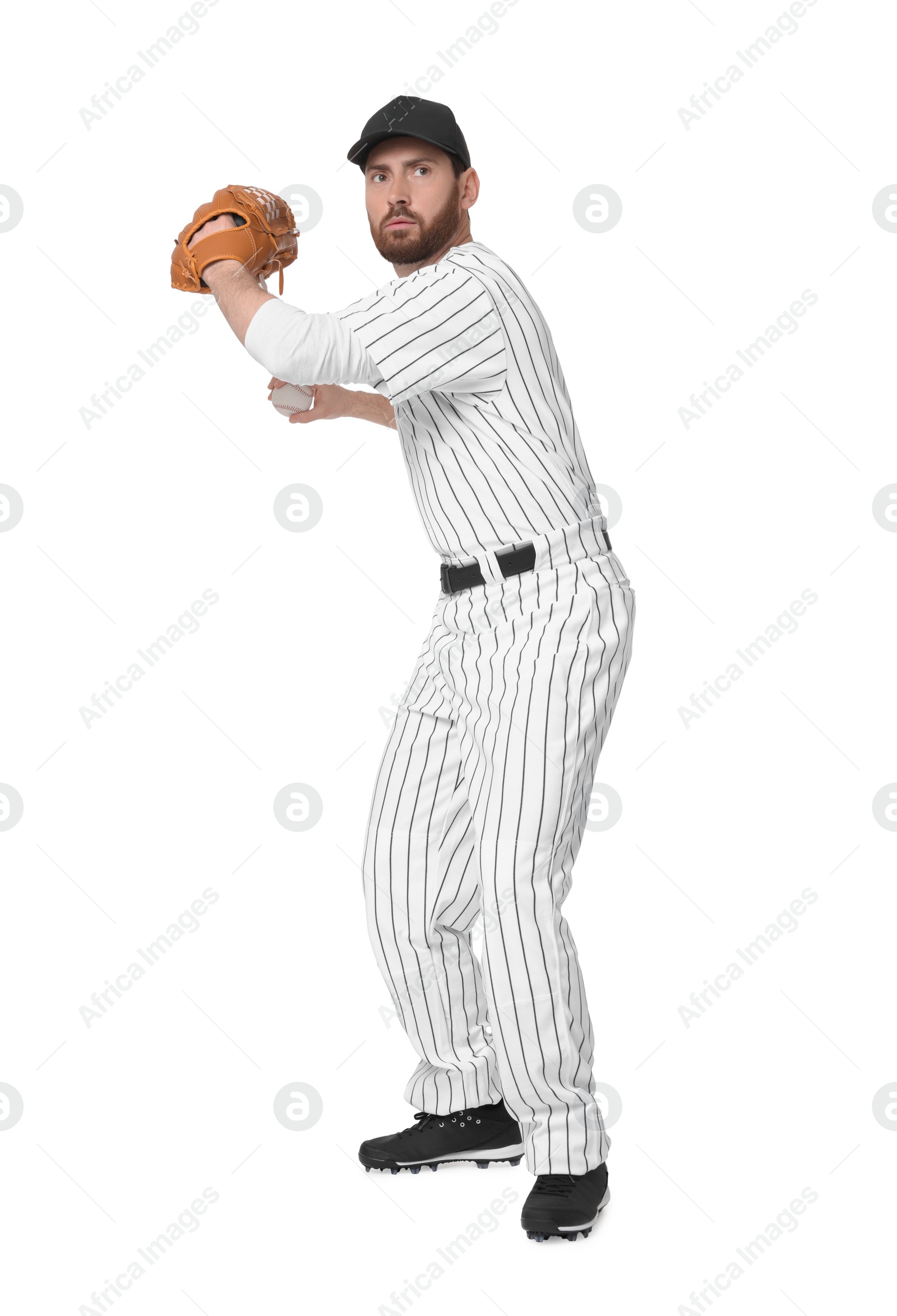 Photo of Baseball player with leather glove on white background