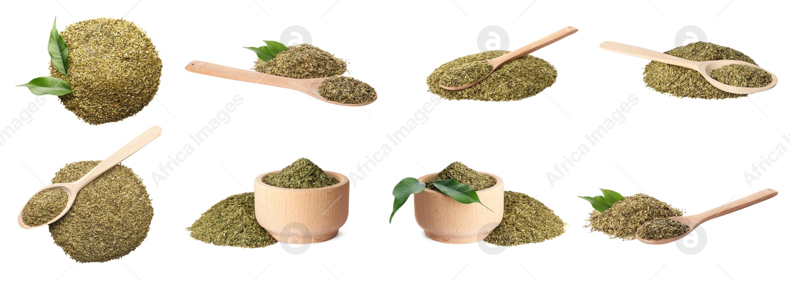 Image of Set with yerba mate leaf mix on white background. Banner design