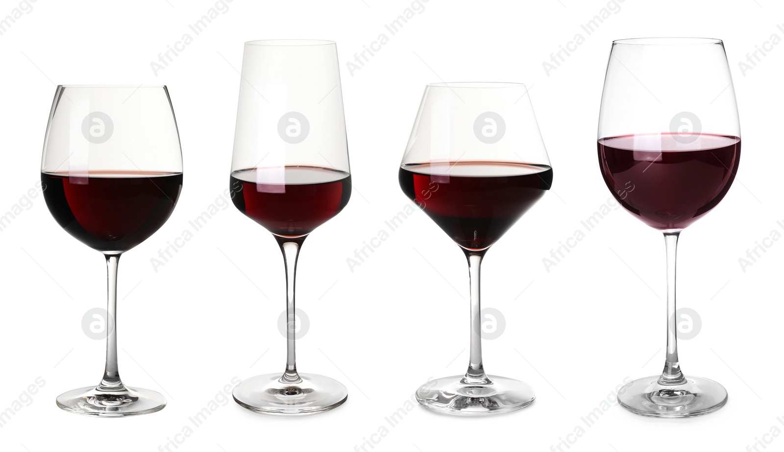 Image of Set with glasses of delicious expensive red wine on white background