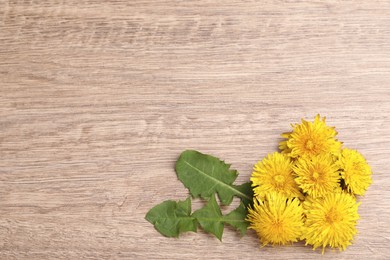 Photo of Beautiful yellow dandelions and leaves on wooden table, flat lay. Space for text