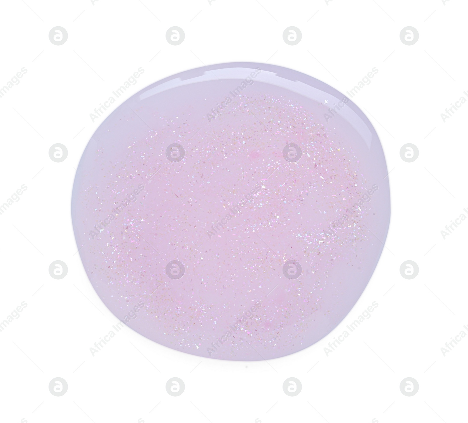 Photo of Sample of pink nail polish with glitter isolated on white, top view