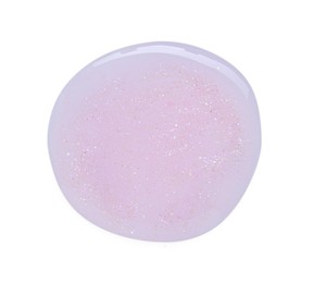 Photo of Sample of pink nail polish with glitter isolated on white, top view