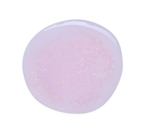 Sample of pink nail polish with glitter isolated on white, top view