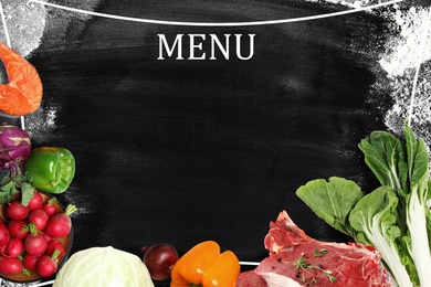 Image of Design of menu with black board and different products, space for text