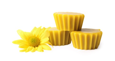 Photo of Natural beeswax cake blocks and flower on white background