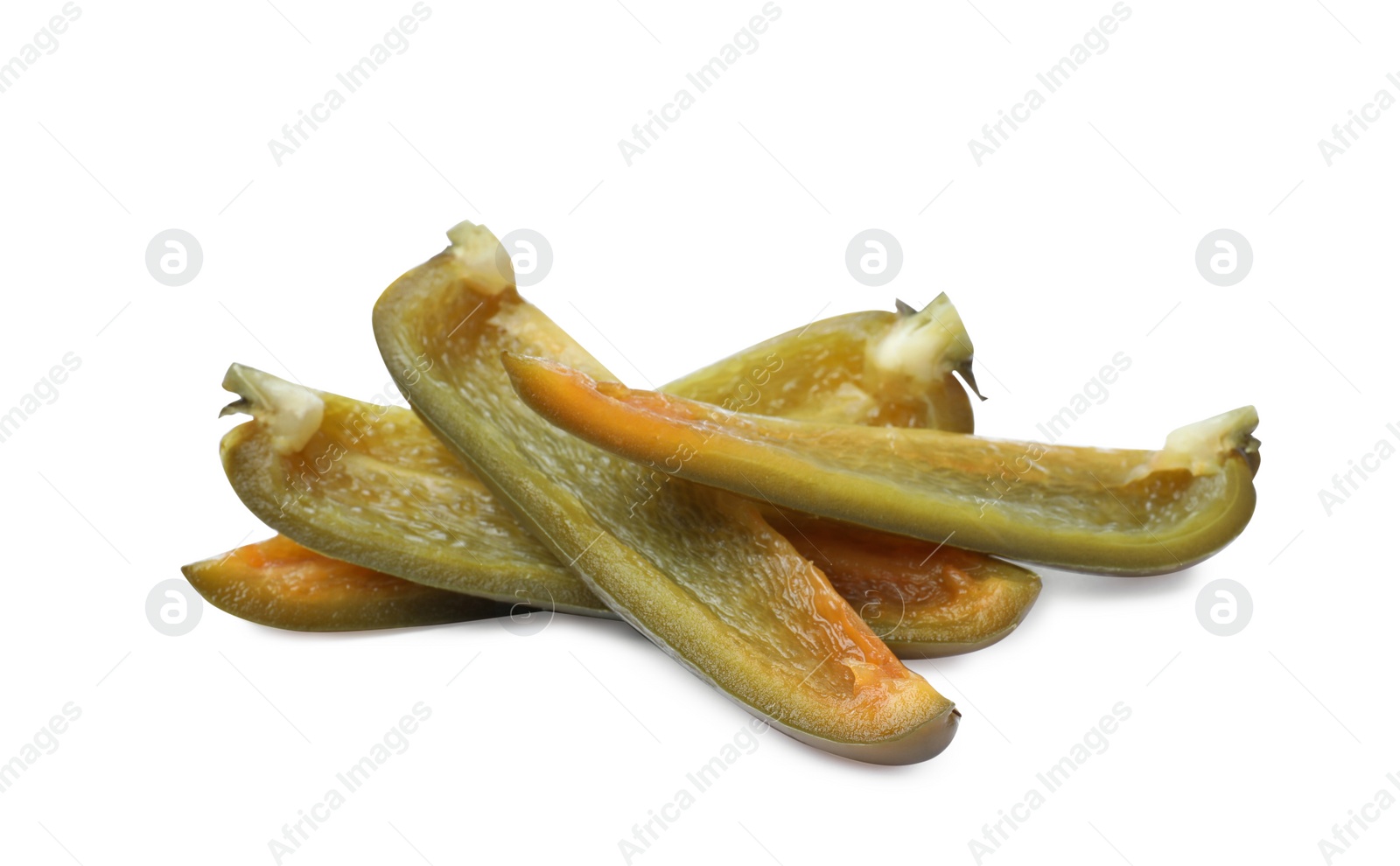 Photo of Pieces of pickled green jalapeno on white background