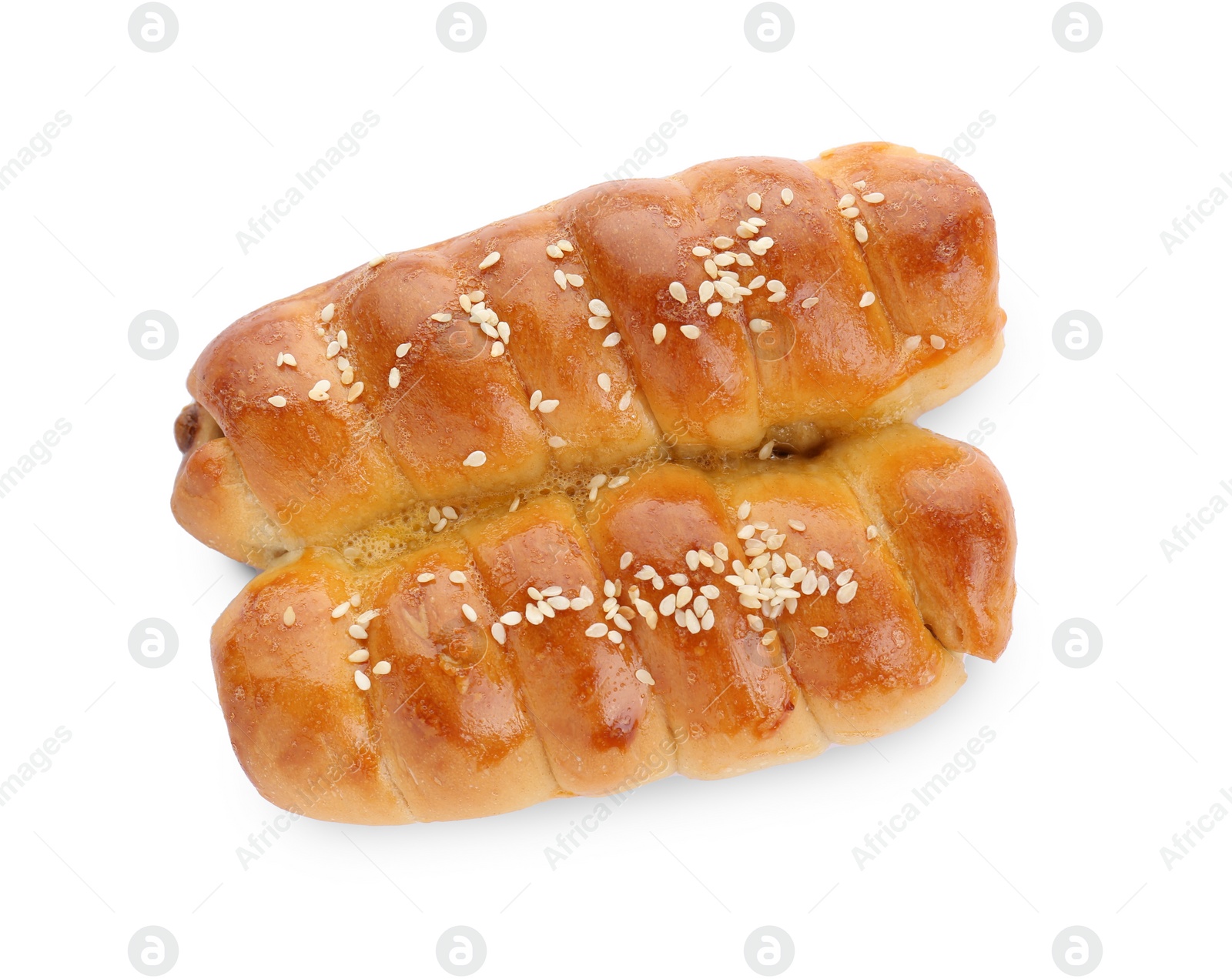 Photo of Delicious sausage rolls isolated on white, top view