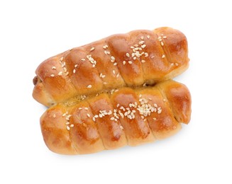 Delicious sausage rolls isolated on white, top view