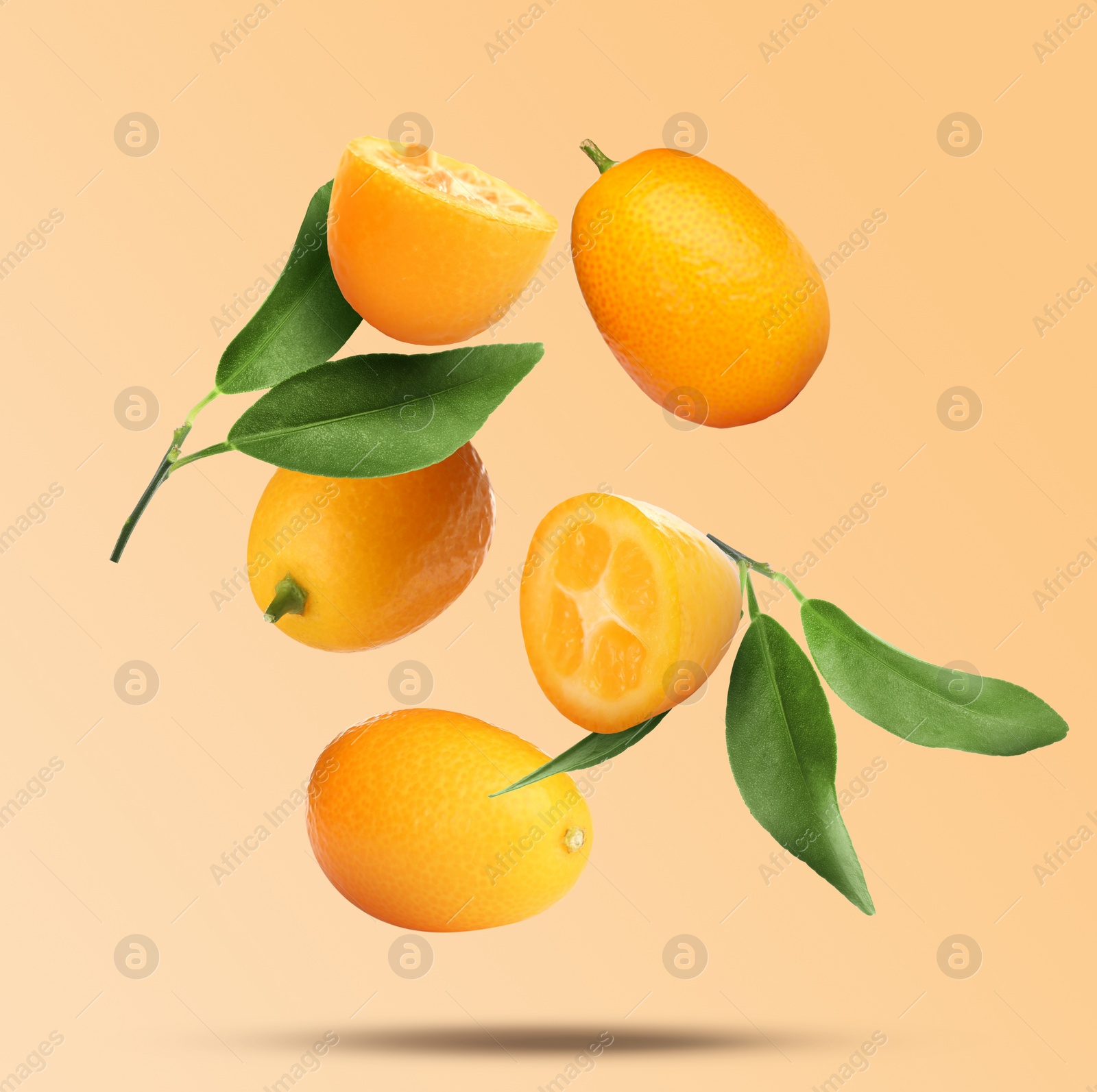 Image of Delicious fresh kumquats and green leaves falling on beige background