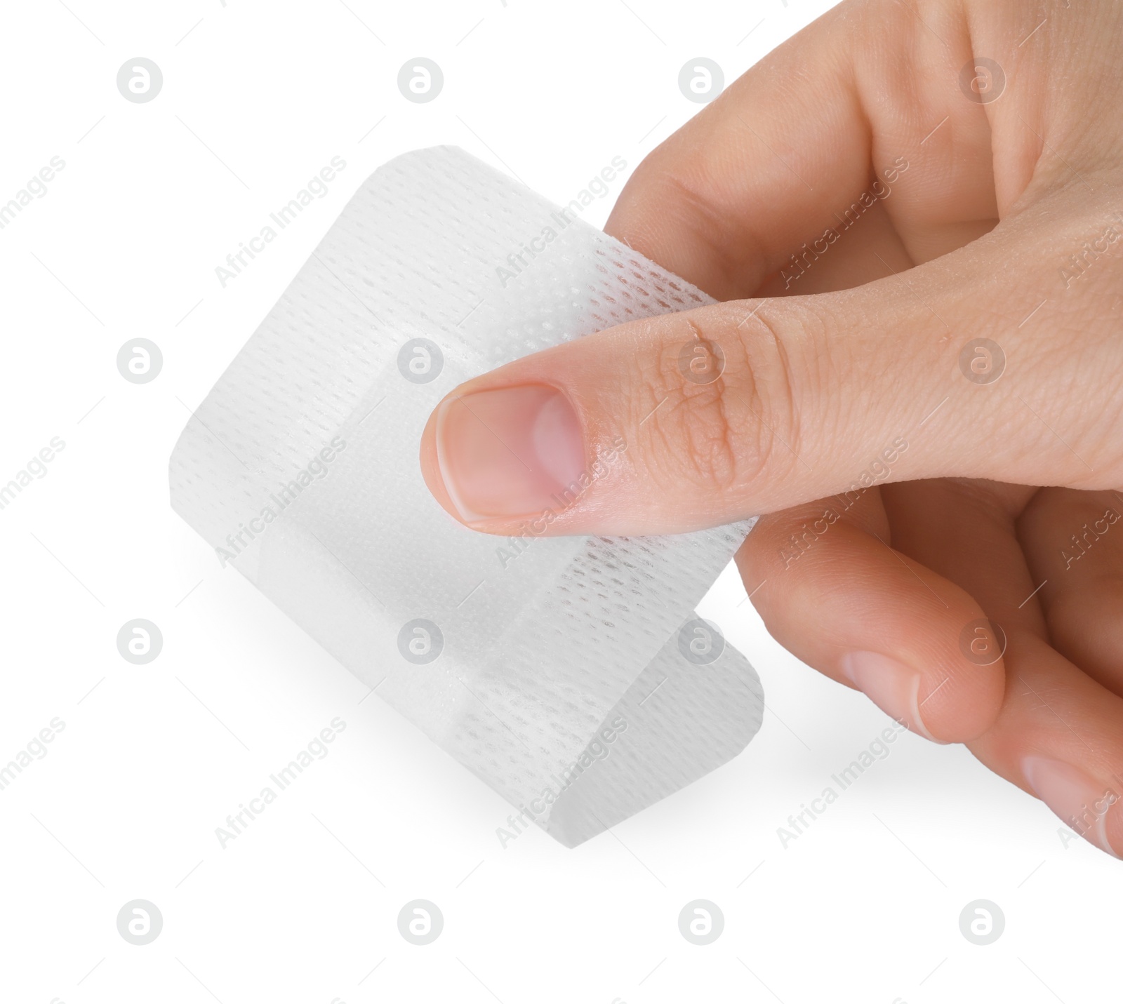 Photo of Woman with medical adhesive bandage isolated on white, closeup