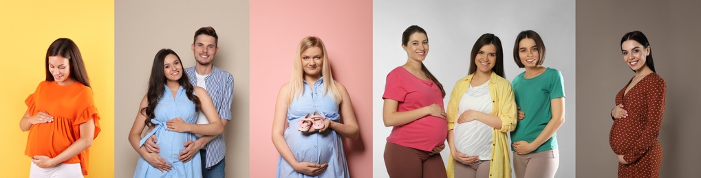Image of Collage with photos of beautiful pregnant women on different color backgrounds. Banner design