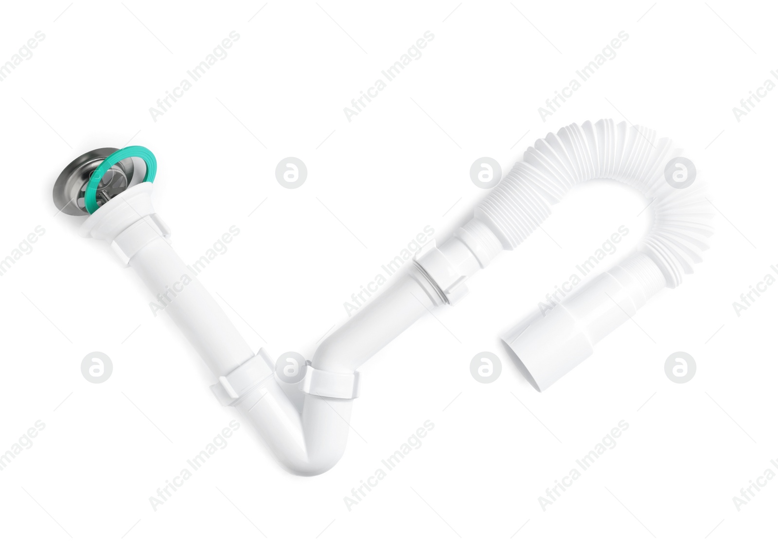 Photo of Plastic pipe with waste trap and sink strainer isolated on white. Plumbing supply