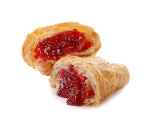 Tasty croissant with jam on white background