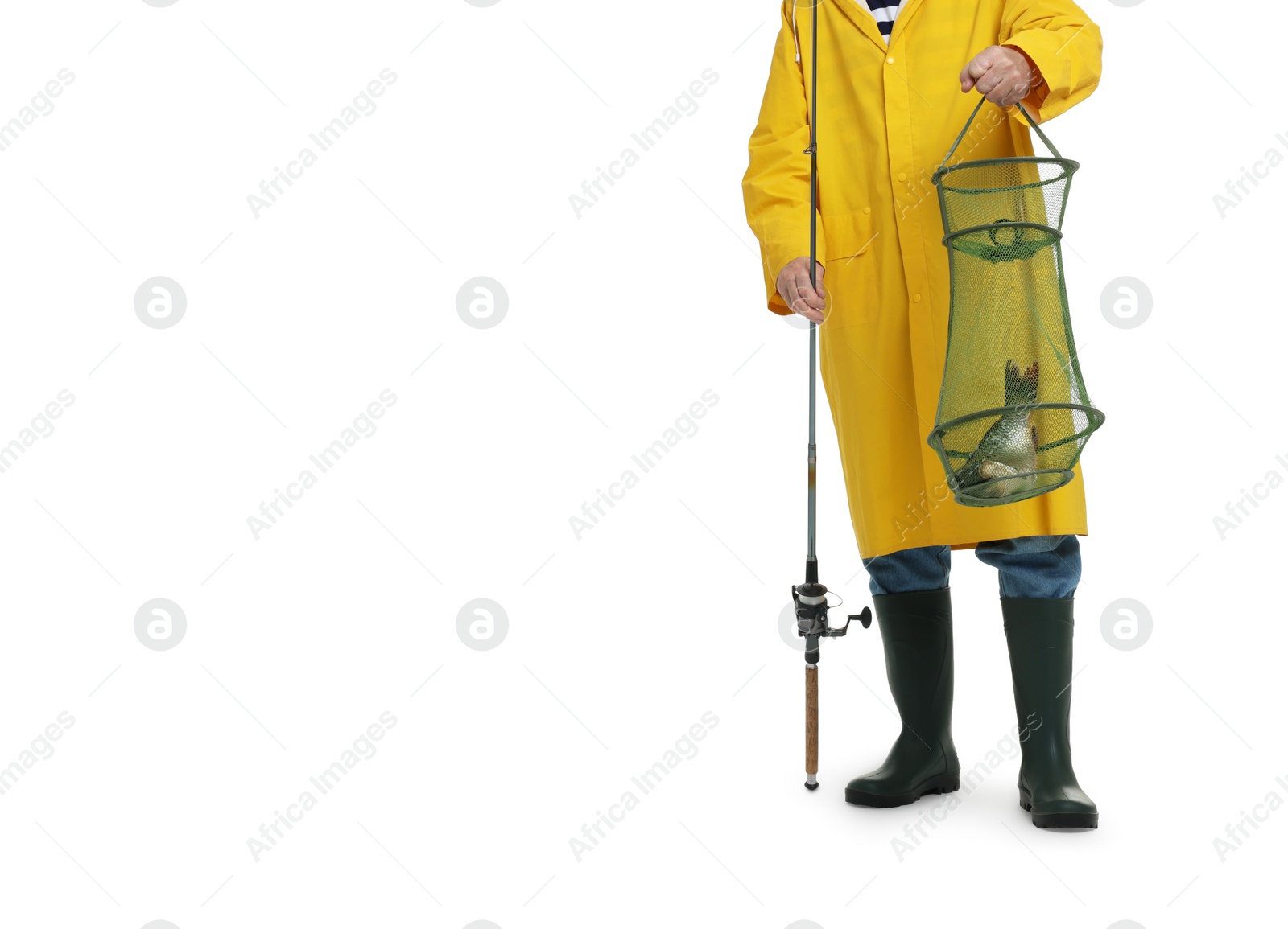 Photo of Fisherman holding rod and fishing net with catch isolated on white, closeup