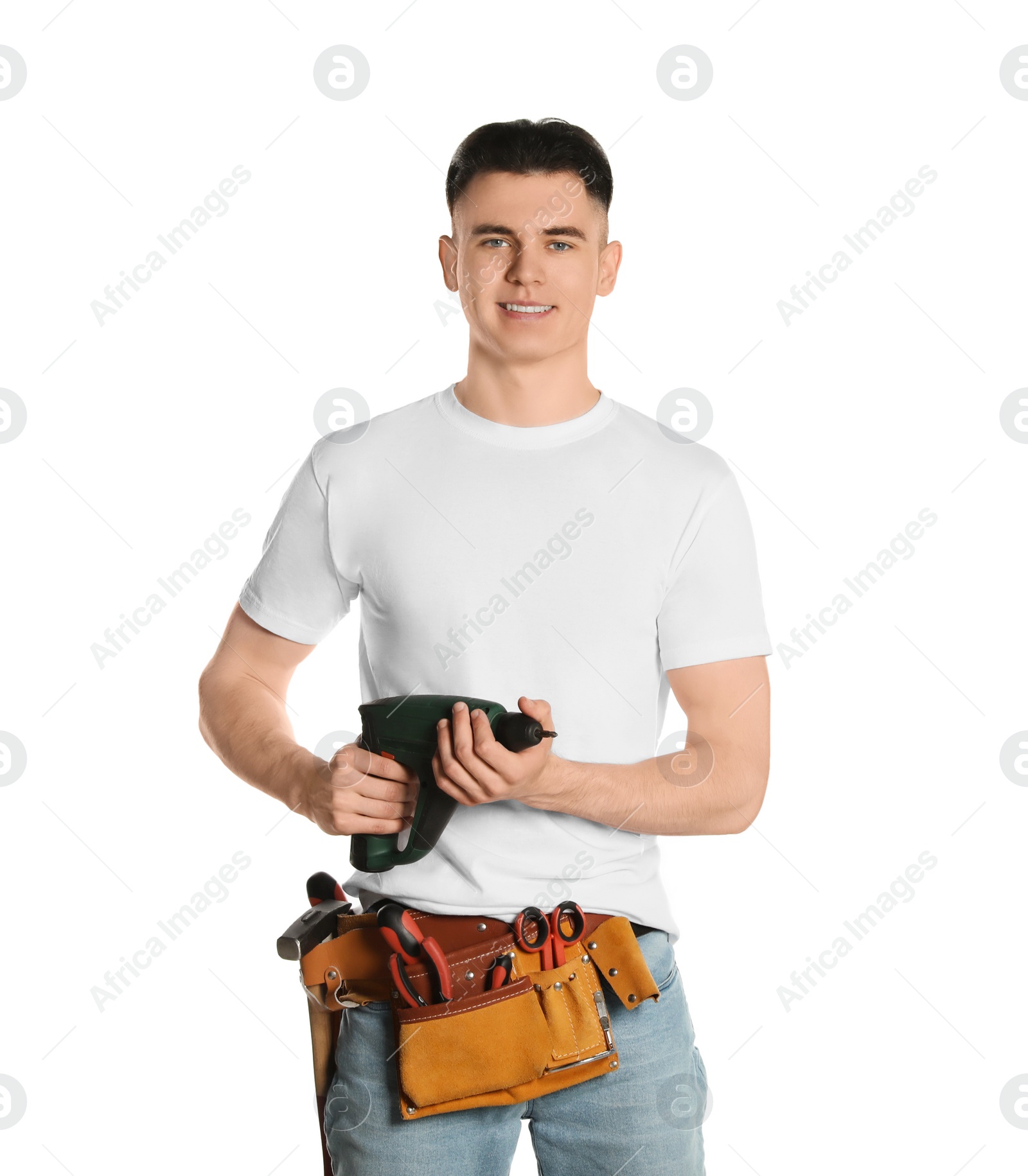 Photo of Handyman with tool belt and electric screwdriver isolated on white