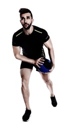 Image of Athletic man doing exercise with medicine ball isolated on white