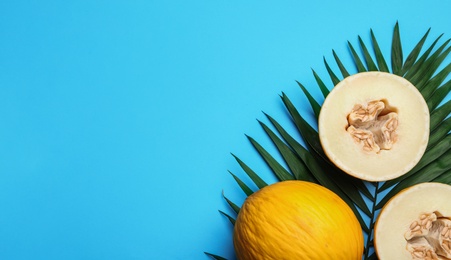 Composition with ripe tasty melons on blue background, flat lay. Space for text