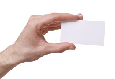 Man holding blank business card on white background, closeup