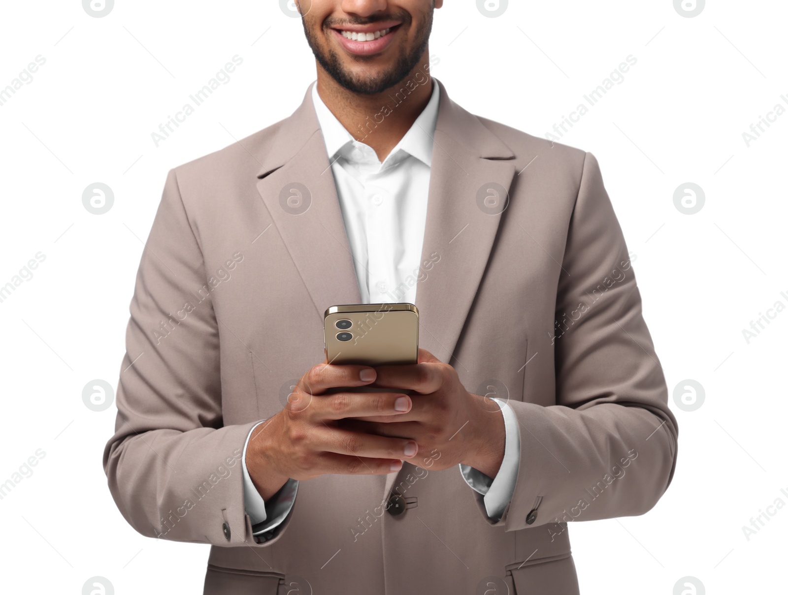 Photo of Man sending message via smartphone on white background, closeup