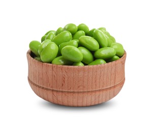 Photo of Bowl with fresh edamame soybeans on white background
