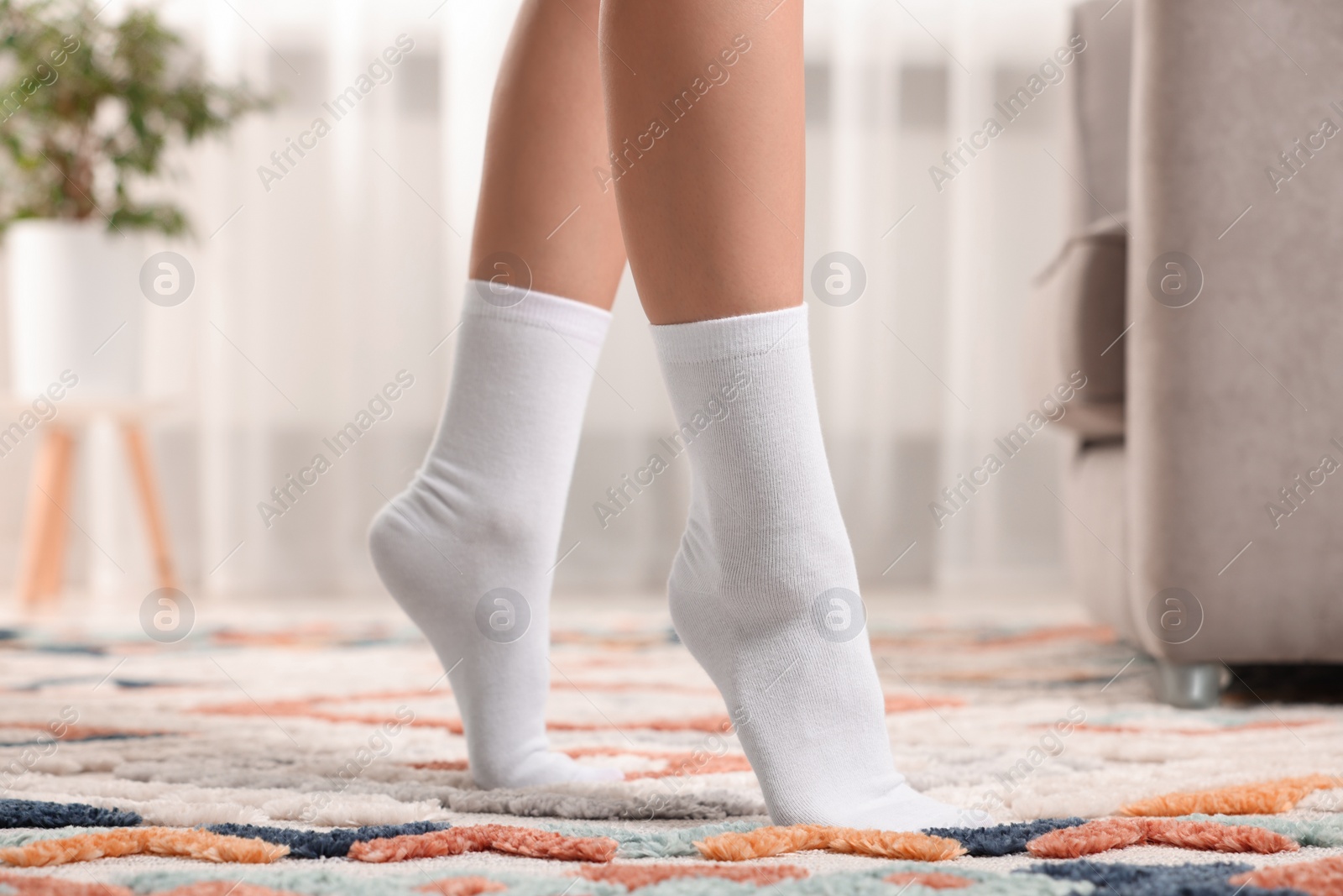 Photo of Woman in stylish white socks indoors, closeup