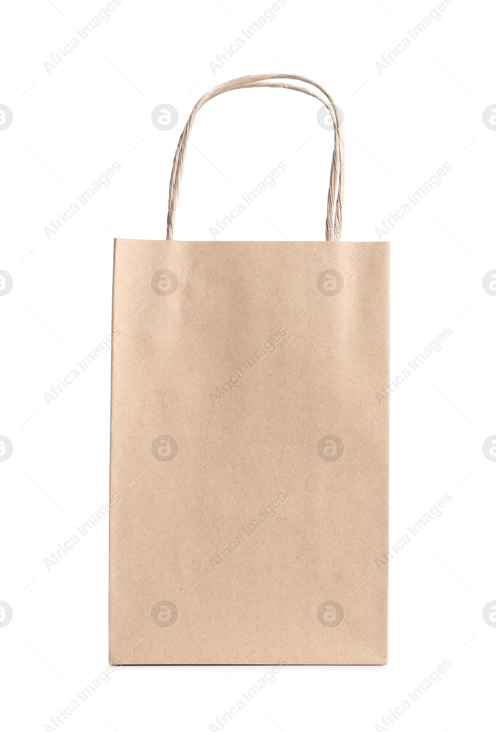 Photo of One kraft paper bag isolated on white. Mockup for design