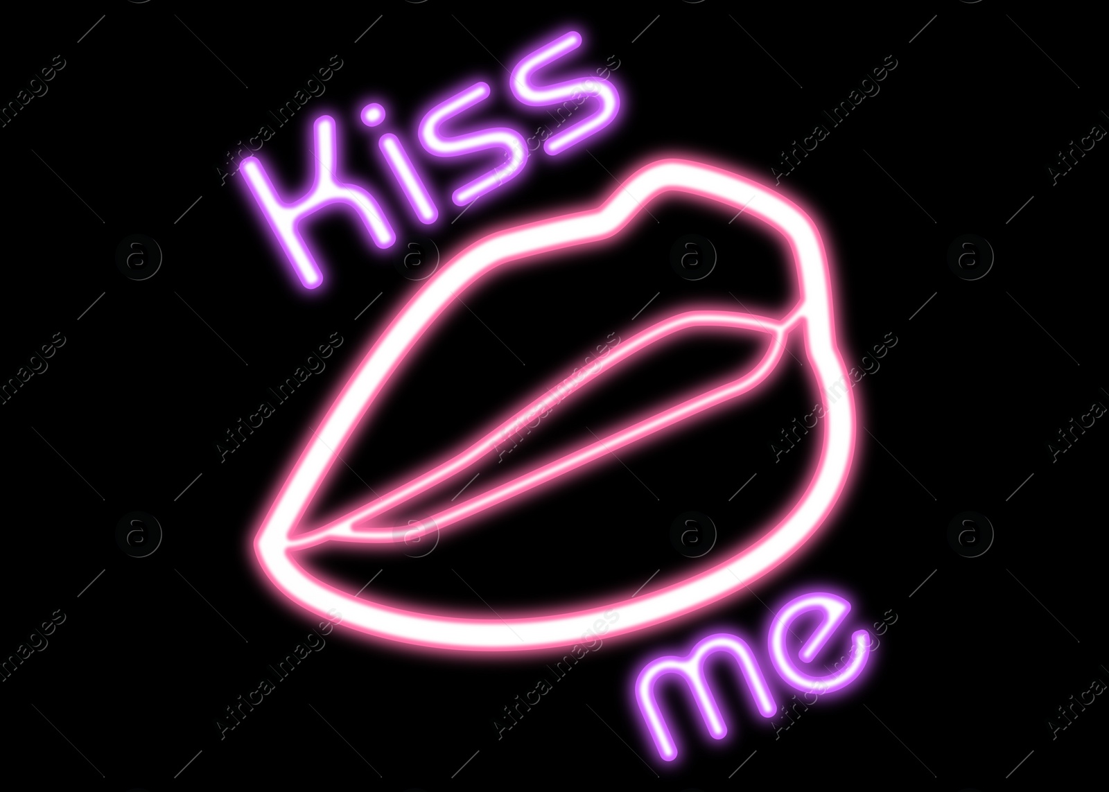 Illustration of Glowing neon sign with lips and words Kiss Me on black background