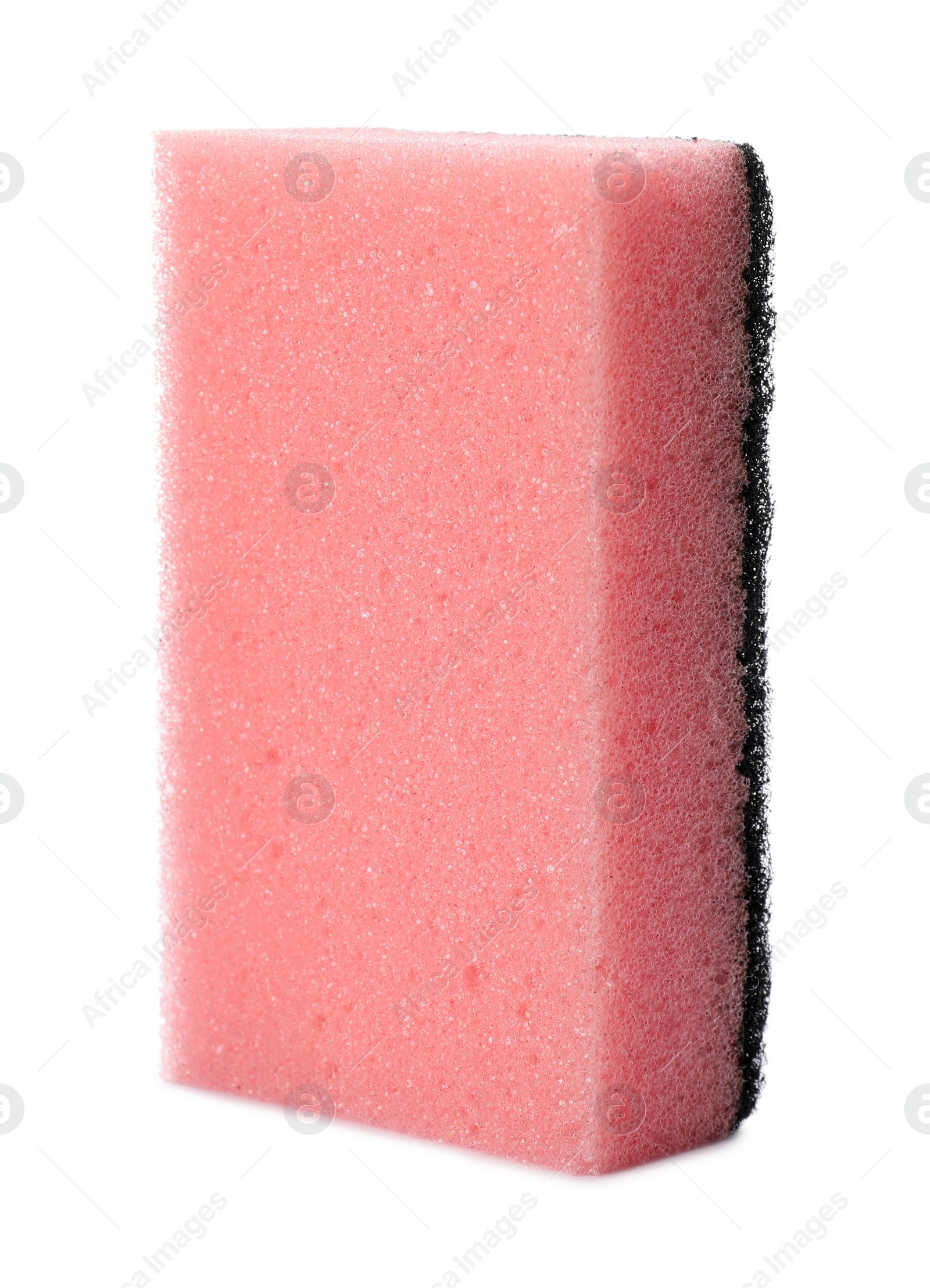 Photo of Pink cleaning sponge with abrasive black scourer isolated on white