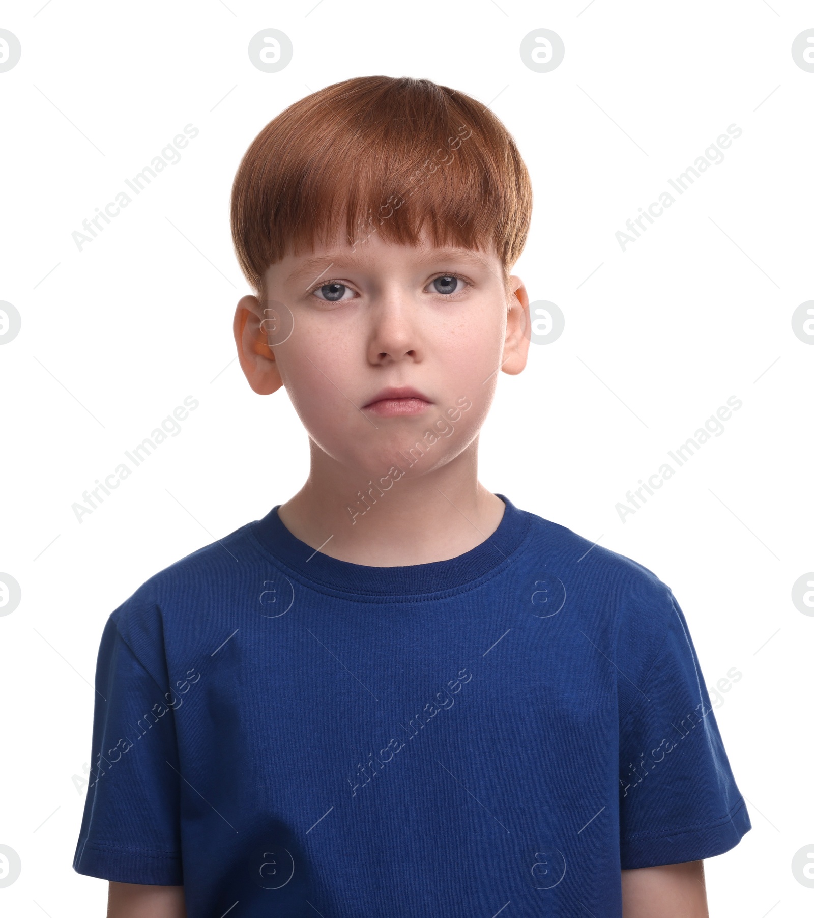 Photo of Portrait of sad little boy on white background