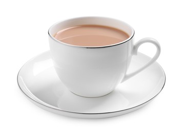 Photo of Delicious tea with milk on white background