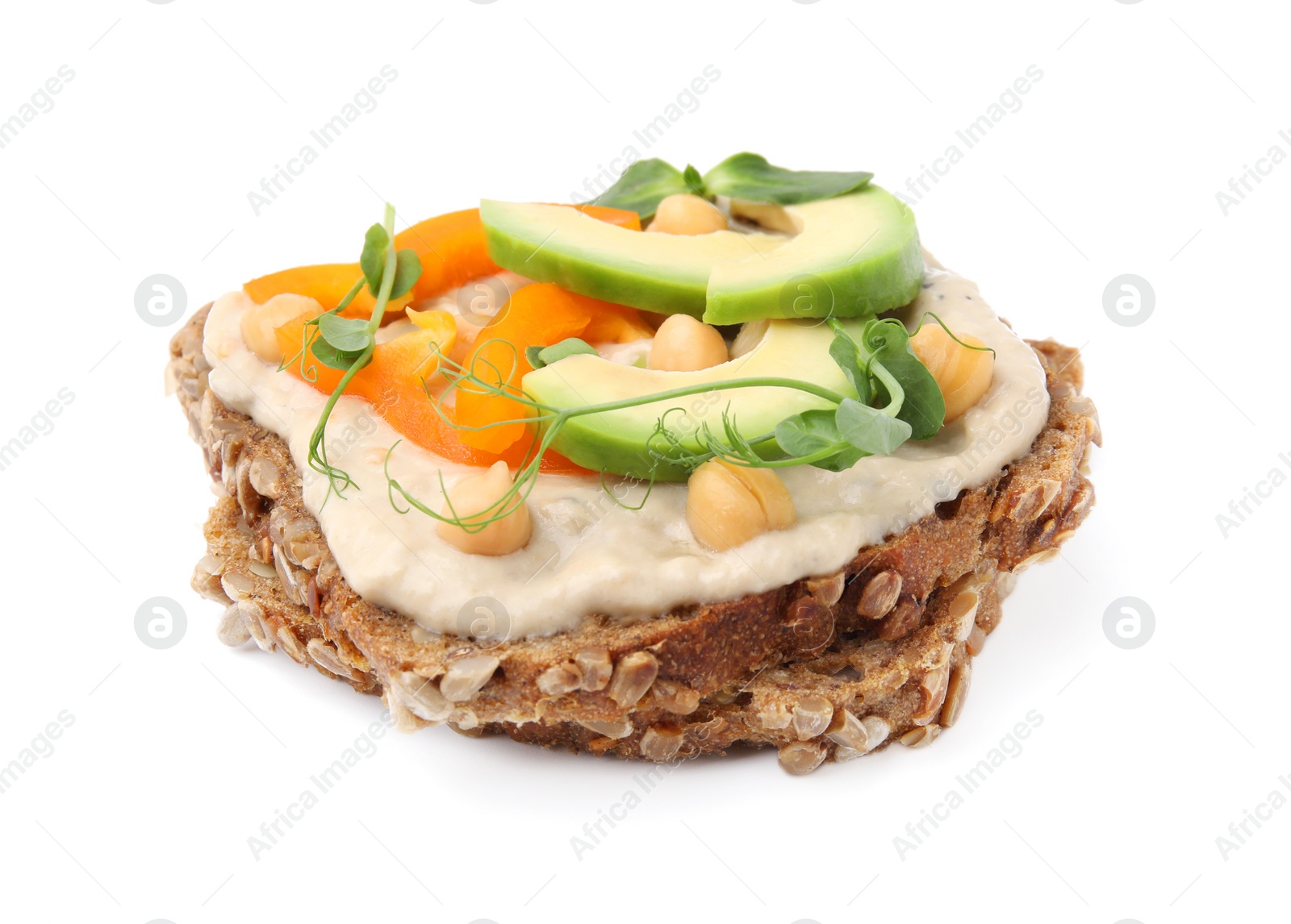 Photo of Tasty vegan sandwich with avocado, chickpeas and bell pepper isolated on white