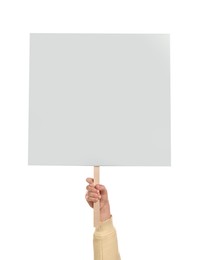 Woman holding blank protest sign on white background, closeup