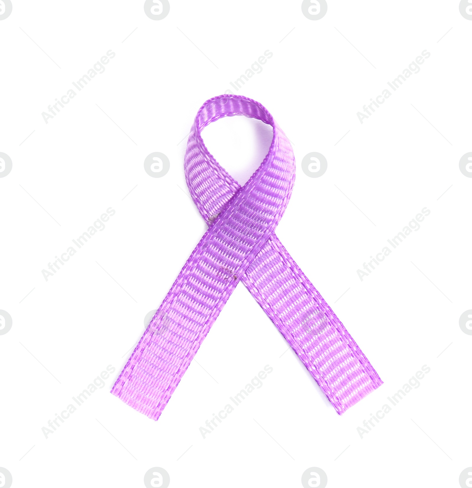 Photo of Purple awareness ribbon on white background, top view