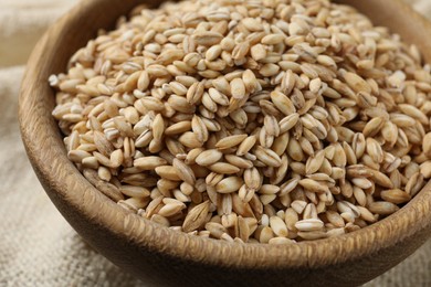 Photo of Dry pearl barley in bowl on table, closeup