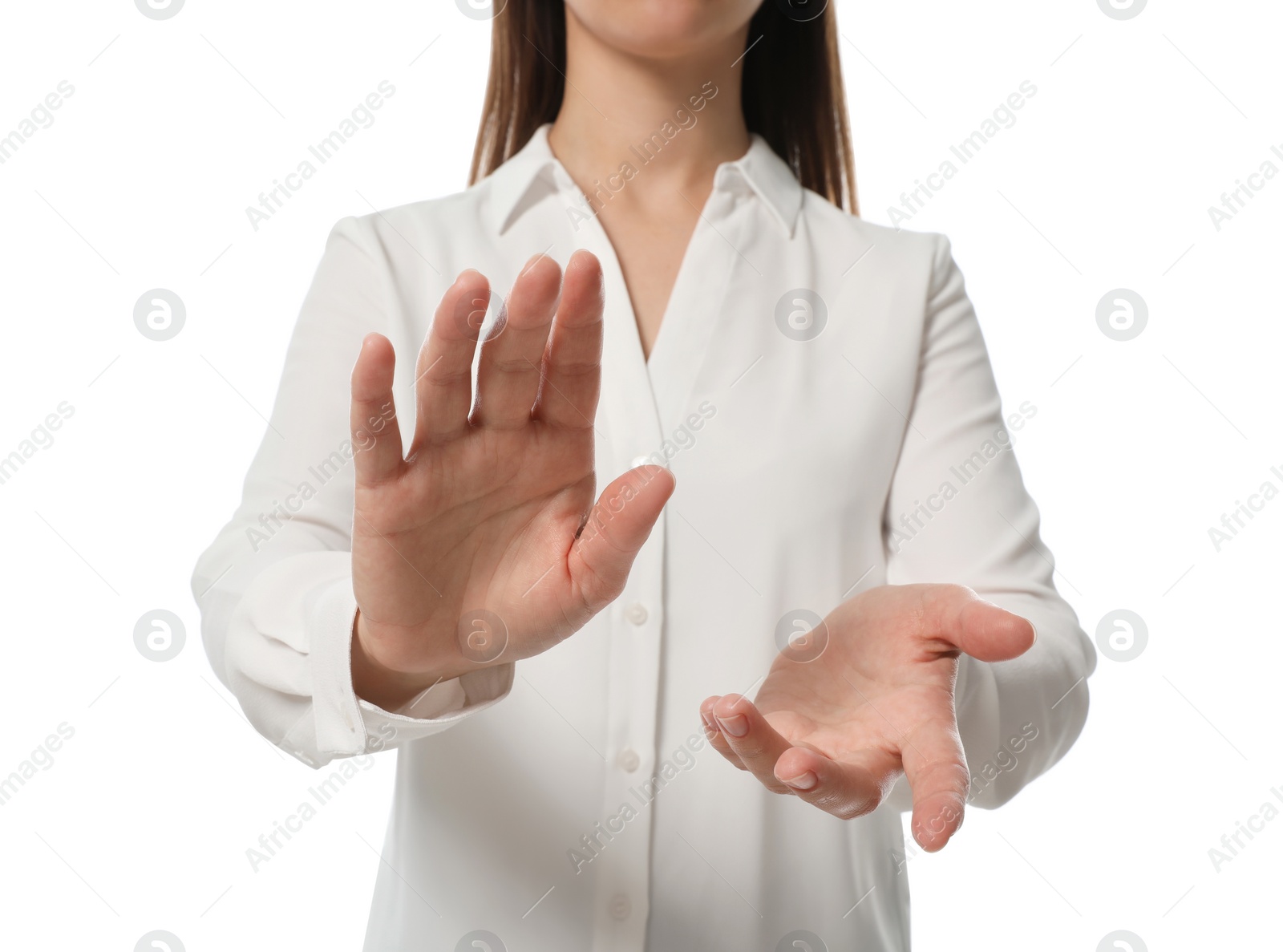 Photo of Businesswoman touching something on white background, closeup