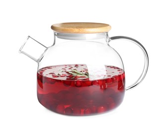Photo of Tasty hot cranberry tea with rosemary in glass teapot isolated on white
