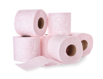 Photo of Rolls of toilet paper on white background. Personal hygiene